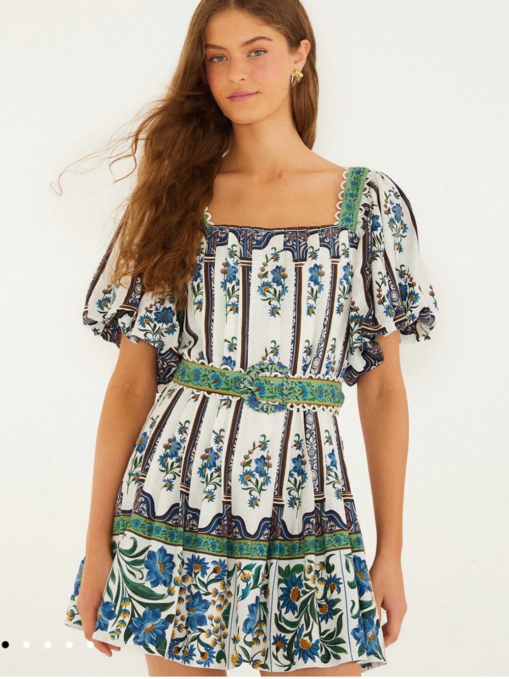 FARM Rio White Floral Square-Neck Mini Dress with Blue & Green Accents